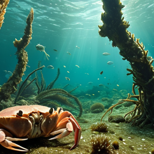 Home 4 **Lush underwater forest of Cystoseira brown algae in the Crimean region, teeming with marine life: crabs, shrimp, and small fish.** (Focus: Illustrates the biodiversity supported by seaweed ecosystems)