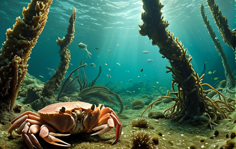 **Lush underwater forest of Cystoseira brown algae in the Crimean region, teeming with marine life: crabs, shrimp, and small fish.** (Focus: Illustrates the biodiversity supported by seaweed ecosystems)