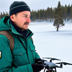 A professional park ranger, fully clothed in appropriate, modest outdoor gear, operating a drone for wildlife monitoring in a vast, snow-covered landscape of a Russian national park, with majestic pine trees and distant mountains under a clear sky. The ranger has a focused expression, demonstrating professional dedication. Emphasize perfect anatomy, correct proportions, natural pose, well-formed hands, proper finger count, natural body proportions. The scene is safe for work, appropriate content, family-friendly, high-quality professional photography, ultra-realistic.