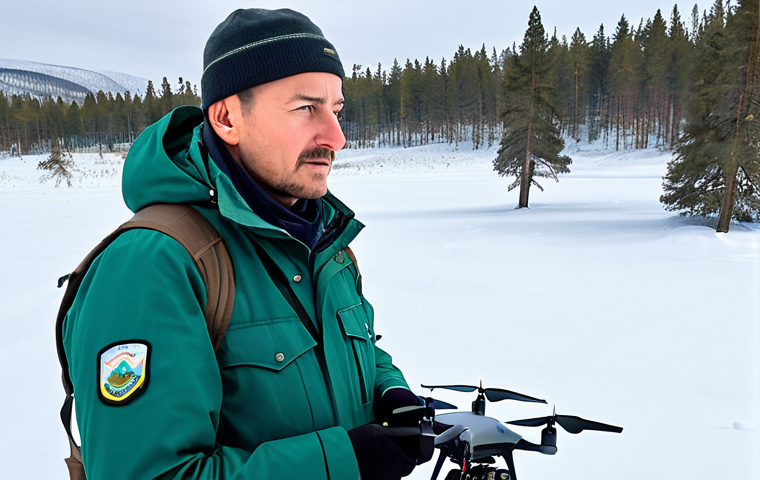 A professional park ranger, fully clothed in appropriate, modest outdoor gear, operating a drone for wildlife monitoring in a vast, snow-covered landscape of a Russian national park, with majestic pine trees and distant mountains under a clear sky. The ranger has a focused expression, demonstrating professional dedication. Emphasize perfect anatomy, correct proportions, natural pose, well-formed hands, proper finger count, natural body proportions. The scene is safe for work, appropriate content, family-friendly, high-quality professional photography, ultra-realistic.