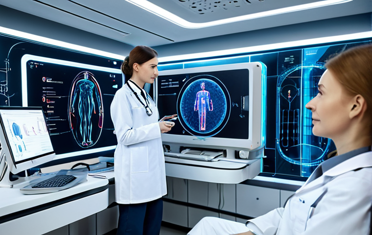 AI in Medicine - Future Healthcare in Moscow**
"A futuristic hospital scene in Moscow, showcasing AI-powered diagnostic equipment, doctors consulting holographic displays showing medical data, patients receiving personalized treatment plans generated by AI algorithms, fully clothed medical professionals in modern uniforms, appropriate content, safe for work, professional medical environment, focus on technological advancements and patient care, perfect anatomy, correct proportions, natural pose, high quality, professional photography, realistic rendering."
**