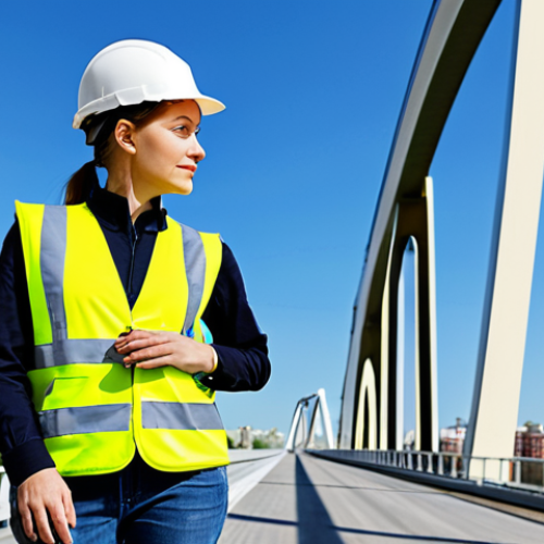 **

"A professional female engineer in a fully clothed, modest, high-visibility vest and hard hat, inspecting a modern bridge structure on a sunny day. Background shows a cityscape with recognizable Russian architecture. Safe for work, appropriate content, perfect anatomy, natural proportions, realistic rendering, professional photography, clear focus."

**