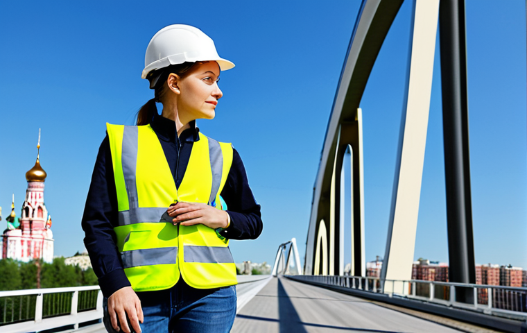 **
"A professional female engineer in a fully clothed, modest, high-visibility vest and hard hat, inspecting a modern bridge structure on a sunny day. Background shows a cityscape with recognizable Russian architecture. Safe for work, appropriate content, perfect anatomy, natural proportions, realistic rendering, professional photography, clear focus."
**