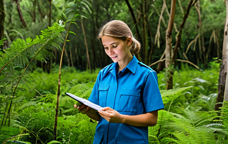 생물권 보전 지역 - Scientist in Nature Reserve**

"A female scientist in a fully clothed, modest field uniform, taking ...