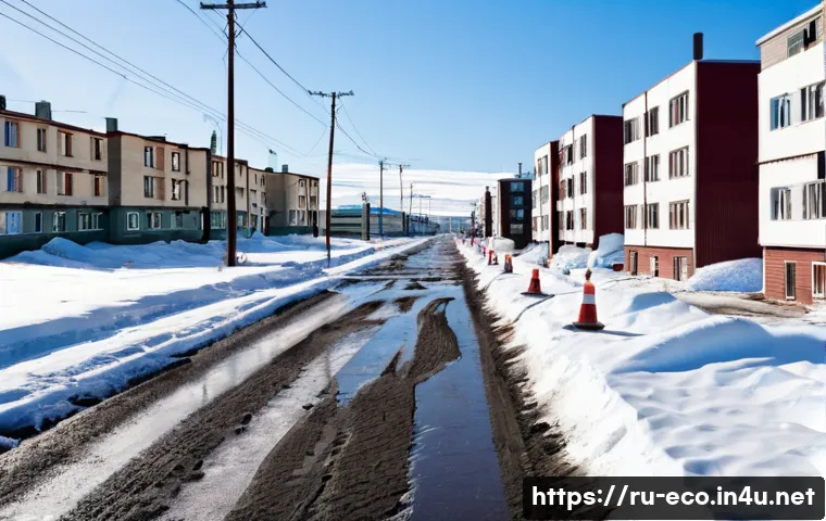 지구 온난화 영향 - **Melting Permafrost in a Northern Russian City:**
A wide shot capturing a typical residential s...