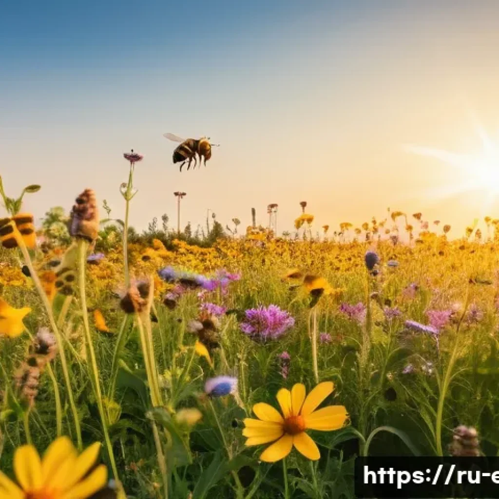 농약과 생태계 영향 - **Prompt:** A close-up shot of a vibrant, blooming field of diverse wildflowers under a bright, clea...