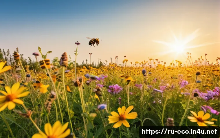 농약과 생태계 영향 - **Prompt:** A close-up shot of a vibrant, blooming field of diverse wildflowers under a bright, clea...