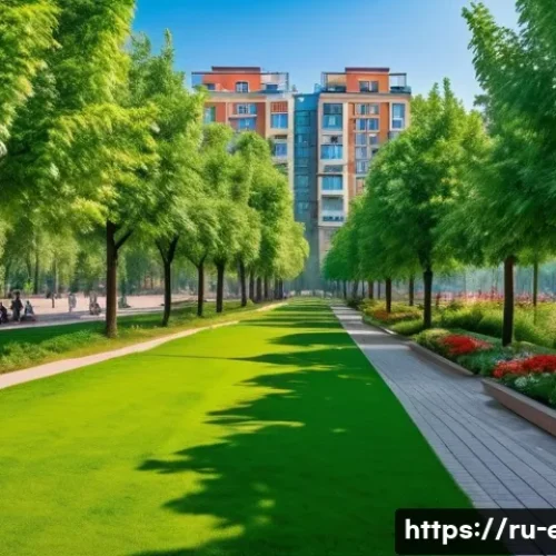 Home 33 도시 생태학 - A vibrant urban park scene in a modern Russian city during summer, showcasing lush green trees, bush...