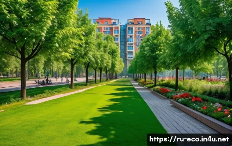도시 생태학 - A vibrant urban park scene in a modern Russian city during summer, showcasing lush green trees, bush...