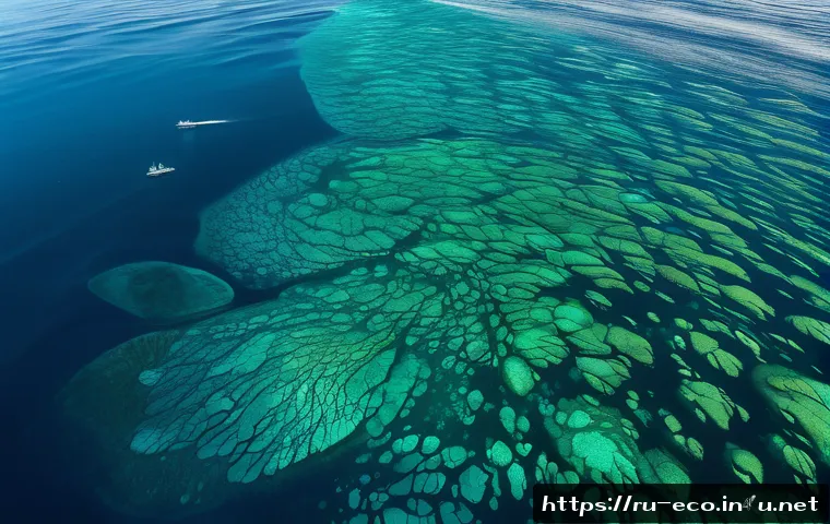대양 순환과 생태 - A vibrant underwater scene illustrating the Kuril Islands upwelling zone, featuring cold, nutrient-r...