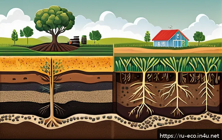 토양 미생물 생태 - A detailed cross-sectional illustration of healthy soil rich with diverse microbes including nitroge...