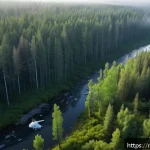 Home 18 희귀종 보호 전략 - A serene Siberian nature reserve scene featuring a modern drone flying quietly over a dense taiga fo...