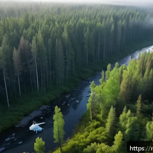 Home 30 희귀종 보호 전략 - A serene Siberian nature reserve scene featuring a modern drone flying quietly over a dense taiga fo...