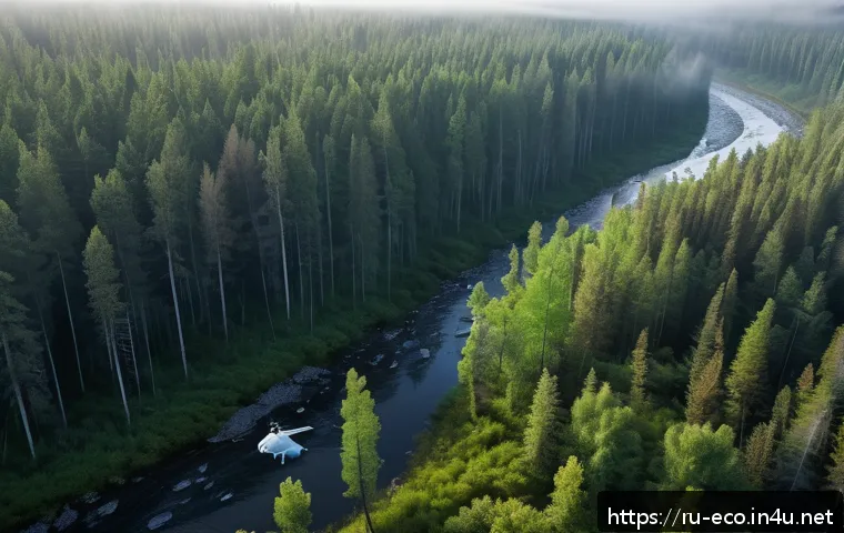 희귀종 보호 전략 - A serene Siberian nature reserve scene featuring a modern drone flying quietly over a dense taiga fo...