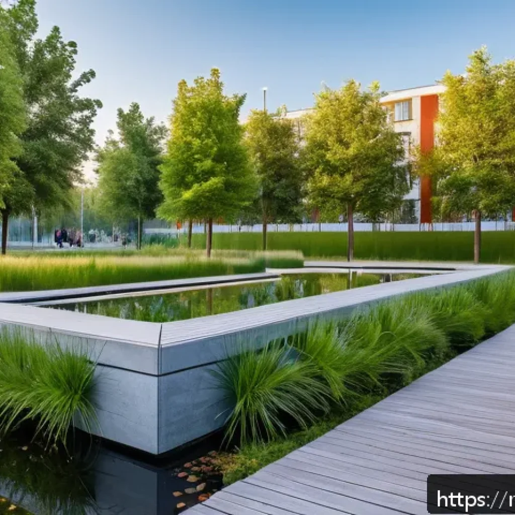 녹색건축과 생태 - A modern urban park in a Russian city featuring lush green spaces with diverse native plants and a n...