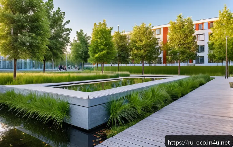 녹색건축과 생태 - A modern urban park in a Russian city featuring lush green spaces with diverse native plants and a n...