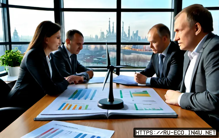 Home 17 환경 경제학과 정책 - Photorealistic environmental economics policy meeting in a modern Moscow office, diverse Russian eco...