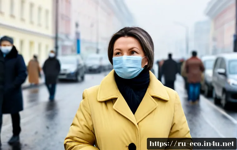 Home 17 미세먼지와 건강 - Photorealistic winter urban scene in Moscow, a middle-aged Russian woman wearing a warm coat and a p...