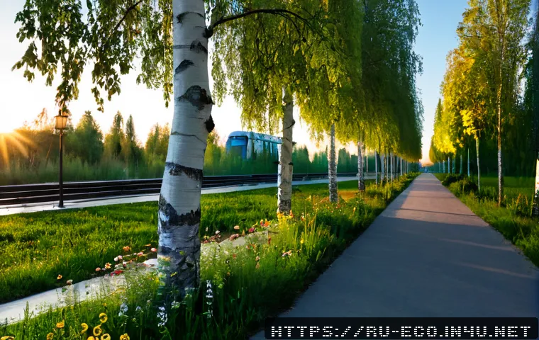 Home 17 탄소중립과 생태 - Photorealistic wide-angle view of a modern Russian city park at sunrise, a mature birch tree and thr...
