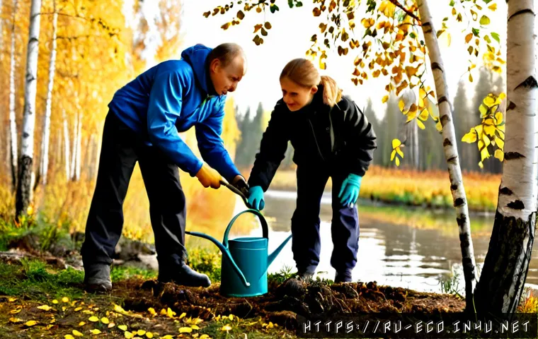 Home 17 인간과 환경 - Photorealistic environmental stewardship scene in a Russian birch forest near a clean riverside, thr...
